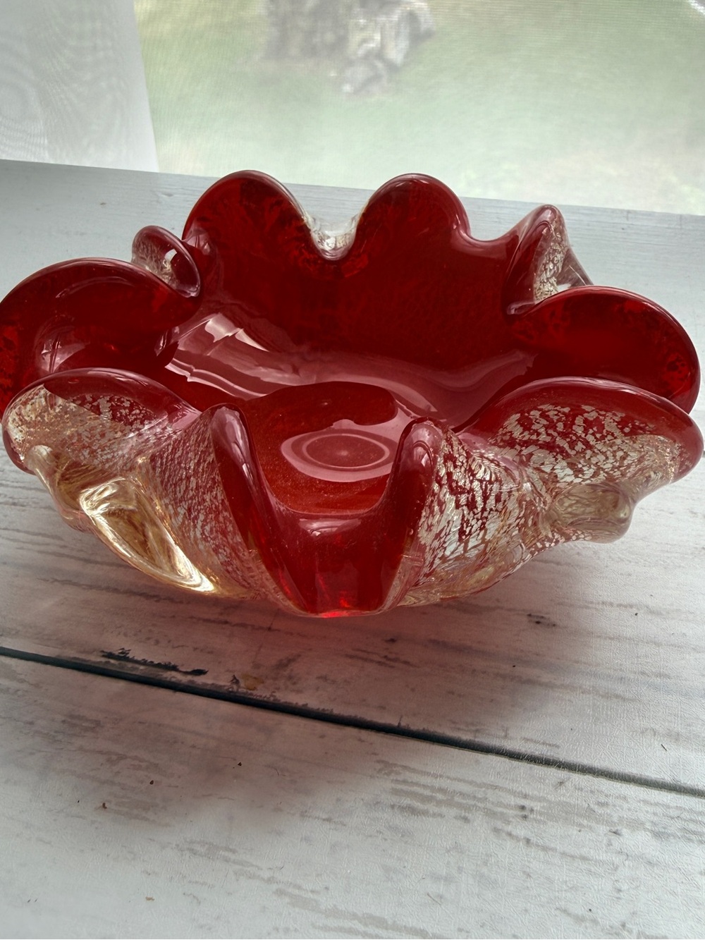 Vintage art glass Ruby red ashtray gold fleck outer side
